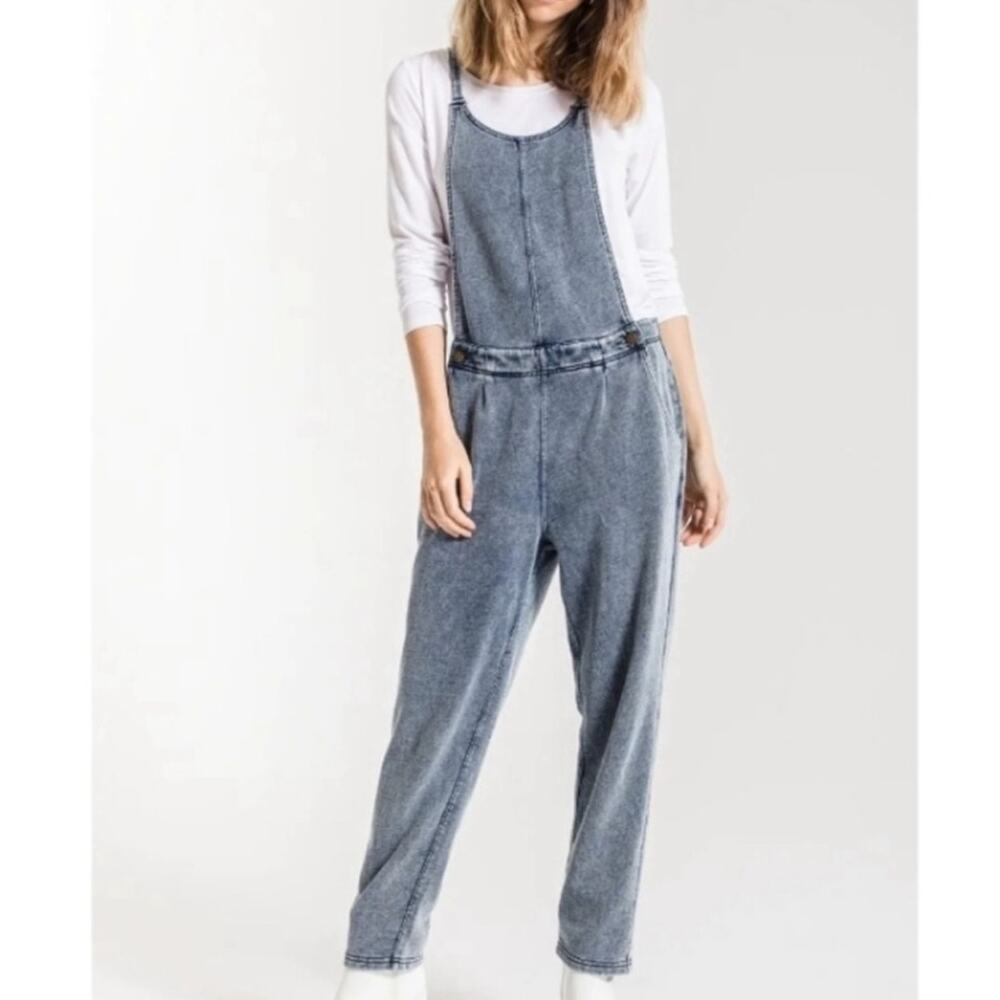 Z SUPPLY The Knit Denim Overalls Size Small Indigo Blue French Terry